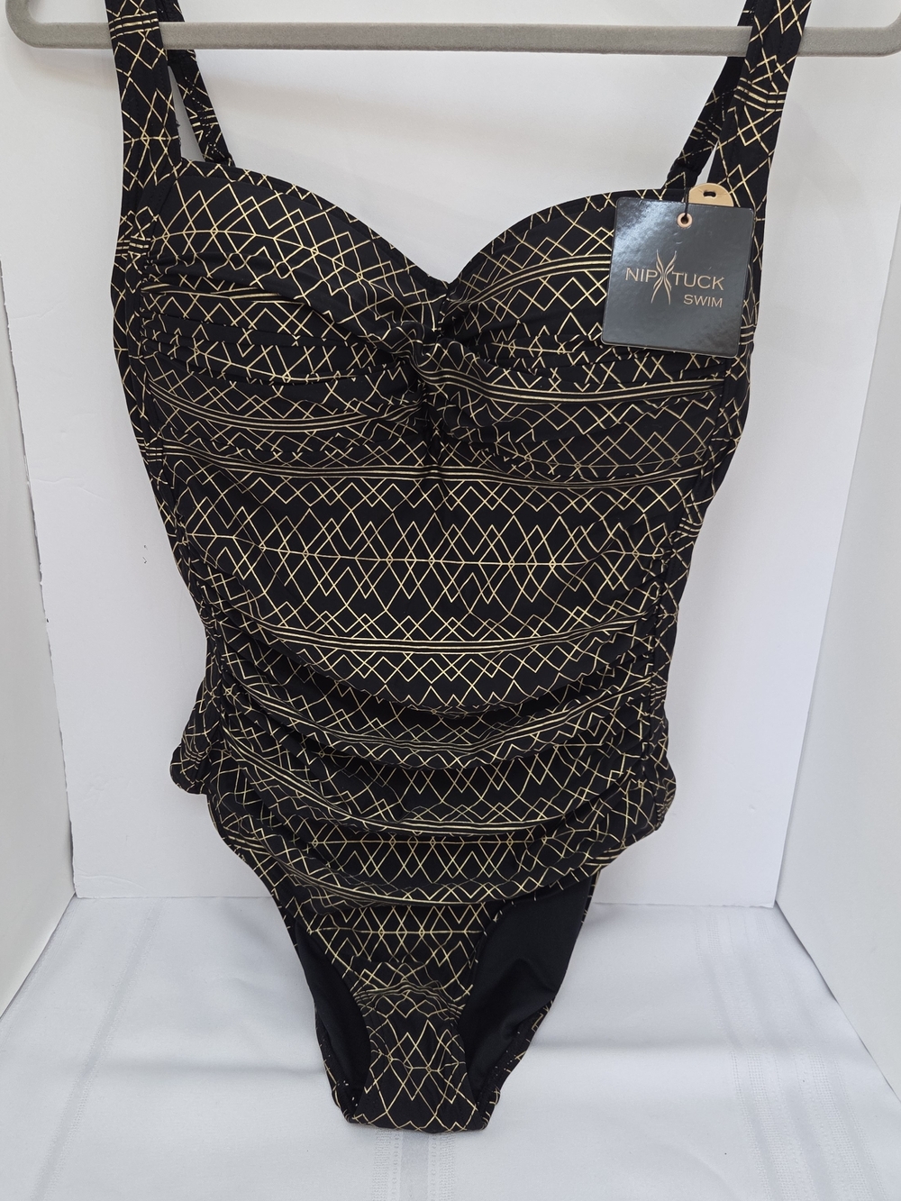 Nip Tuck Swim Black One-Piece with Metallic Gold Geometric Print Swimsuit Sz 10